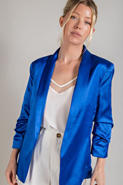 Women's Satin Shawl Blazer Suit Set in Royal Blue