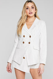 High Waisted Skort and Crop Top, Set Outfit, Party Outfit, Summer Outfit, Spring Outfit, Vacation Outfit, Blazer, Cape, Corporate Outfit, Fashionable Outfit, Sunny Day Outfit, Beach Outfit, Sun Dress, Wedding Outfit, Set, White, Stripe, Skort, Short, Blazer Set