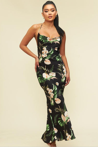 Black long dress, chain in the back, floral tropical maxi dress 