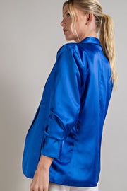Women's Satin Shawl Blazer Suit Set in Royal Blue