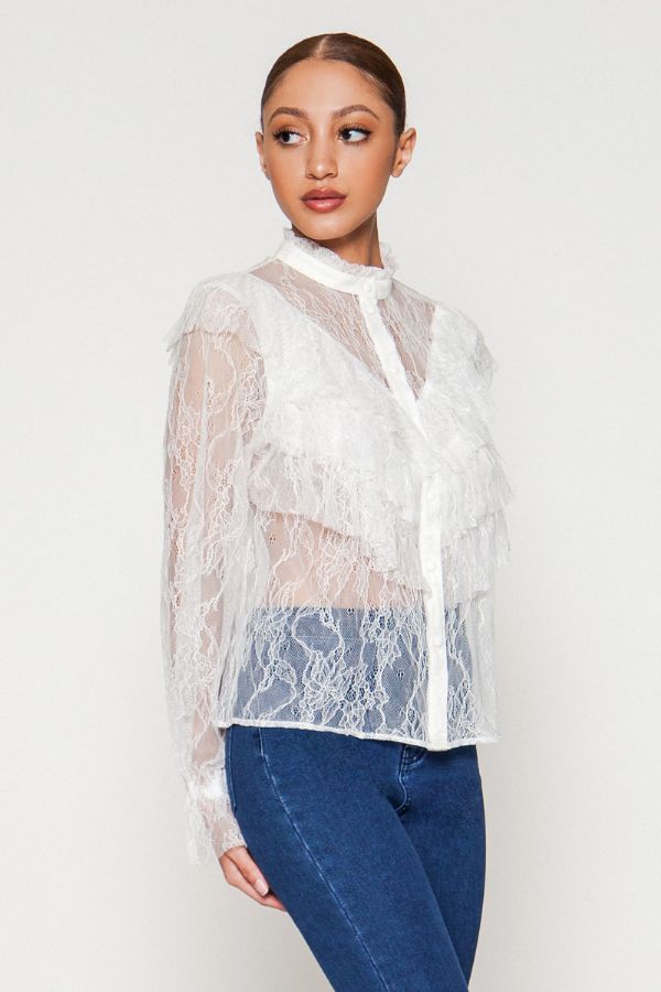 See Through Blouse, Lace, See Through Top, White Top,Solid Top, Formal Top, Blouse, Nude BLouse, Longe Sleeve Blouse, High Neck Blouse, Vintage Blouse, Casual, Casual Wear, Formal Wear