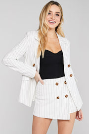 High Waisted Skort and Crop Top, Set Outfit, Party Outfit, Summer Outfit, Spring Outfit, Vacation Outfit, Blazer, Cape, Corporate Outfit, Fashionable Outfit, Sunny Day Outfit, Beach Outfit, Sun Dress, Wedding Outfit, Set, White, Stripe, Skort, Short, Blazer Set