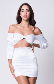 Crop, Crop Top and High Waisted Skirt, White Outfit, Sets, Satin, Silk,Tube Dress, Off Shoulder Dress, One Shoulder Dress, Low Cut, Dressy, Dress, Side Slit, Party Dress, Wedding Outfit, Party Outfit, Sun Dress, Club Wear, Dinner Outfit, Casual, Beach Wear, Vacation Outfit, Mini Dress, Fashionable Dress