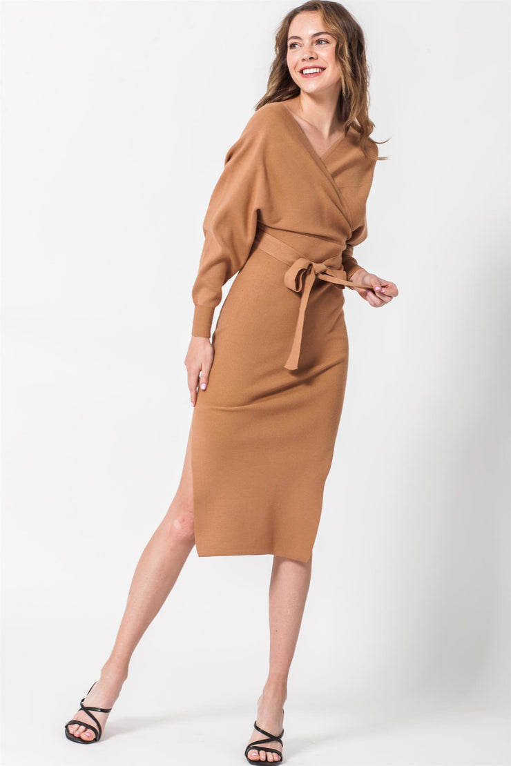 Side Slit Dress, Camel Dress, Brown Dress, Nude Dress, Neutral, Long Sleeve Dress, Solid Dress, Midi Dress, Dressy, Dress, Side Slit, Party Dress, Wedding Outfit, Party Outfit, Sun Dress, Club Wear, Dinner Outfit, Casual, Beach Wear, Vacation Outfit, Mini Dress, Fashionable Dress, Business Dress, Corporate Dress, Formal Wear, Formal Dress, Work Dress