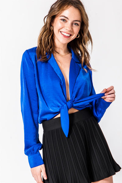 Blue Blouse, Crop, Crop Top, Blouse, Dressy Top, Knotted Top, Long Sleeve Top, Low Cut Top, Satin Top, Satin Blouse, Silk, Party Top, Party Blouse, Dinner Outfit