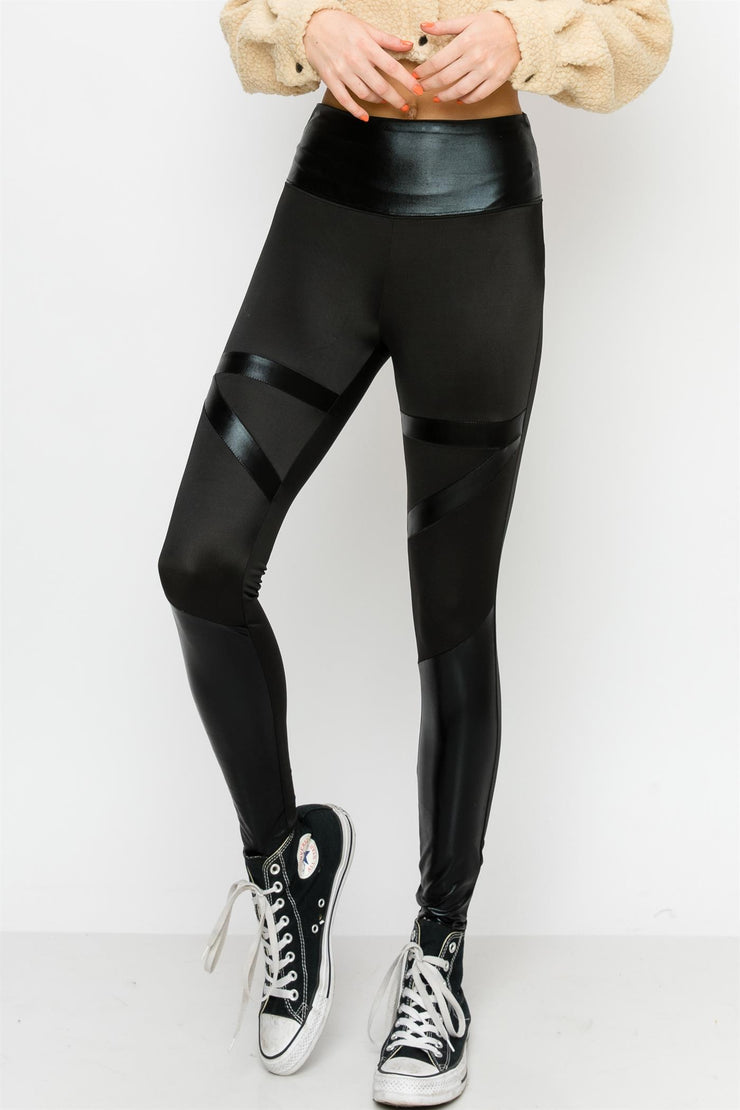 Leggings, Bottoms, Black Leggings, High Waisted, Casual, Leather, Cotton