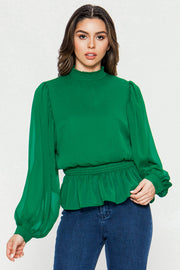 Solid Top, Formal Top, Blouse, Green Blouse, Longe Sleeve Blouse, High Neck Blouse, Vintage Blouse, Casual, Casual Wear