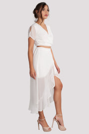 Sets, Crop, Crop Top and High Waisted Skirt, White Outfit, White Dress, See Through, Ruffles, Sun Dress, Spring, Summer Dress, Beach Dress, Vacation Outfit, Low Cut, Side Slit, Casual, Wedding, Club Outfit, Festival, Formal Wear, Dinner Outfit