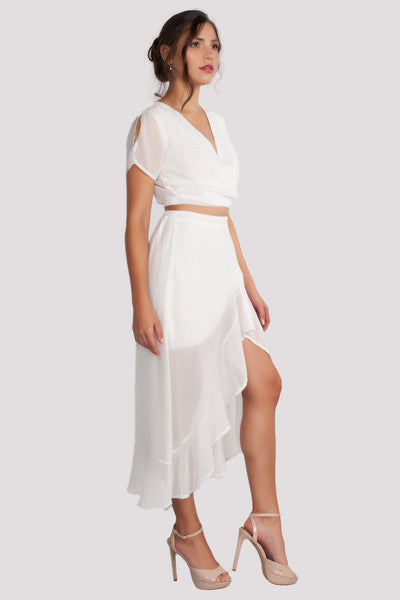 Sets, Crop, Crop Top and High Waisted Skirt, White Outfit, White Dress, See Through, Ruffles, Sun Dress, Spring, Summer Dress, Beach Dress, Vacation Outfit, Low Cut, Side Slit, Casual, Wedding, Club Outfit, Festival, Formal Wear, Dinner Outfit