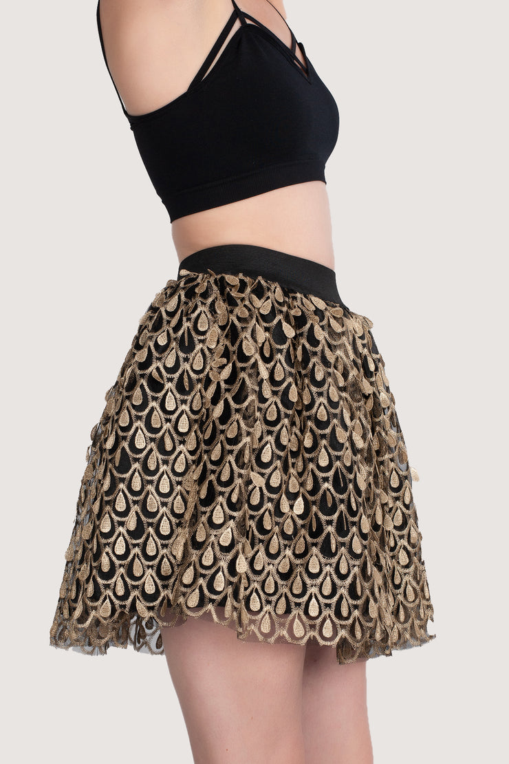 Skirt, High Waisted, Peacock, Black Print, Casual, Dressy Skirt