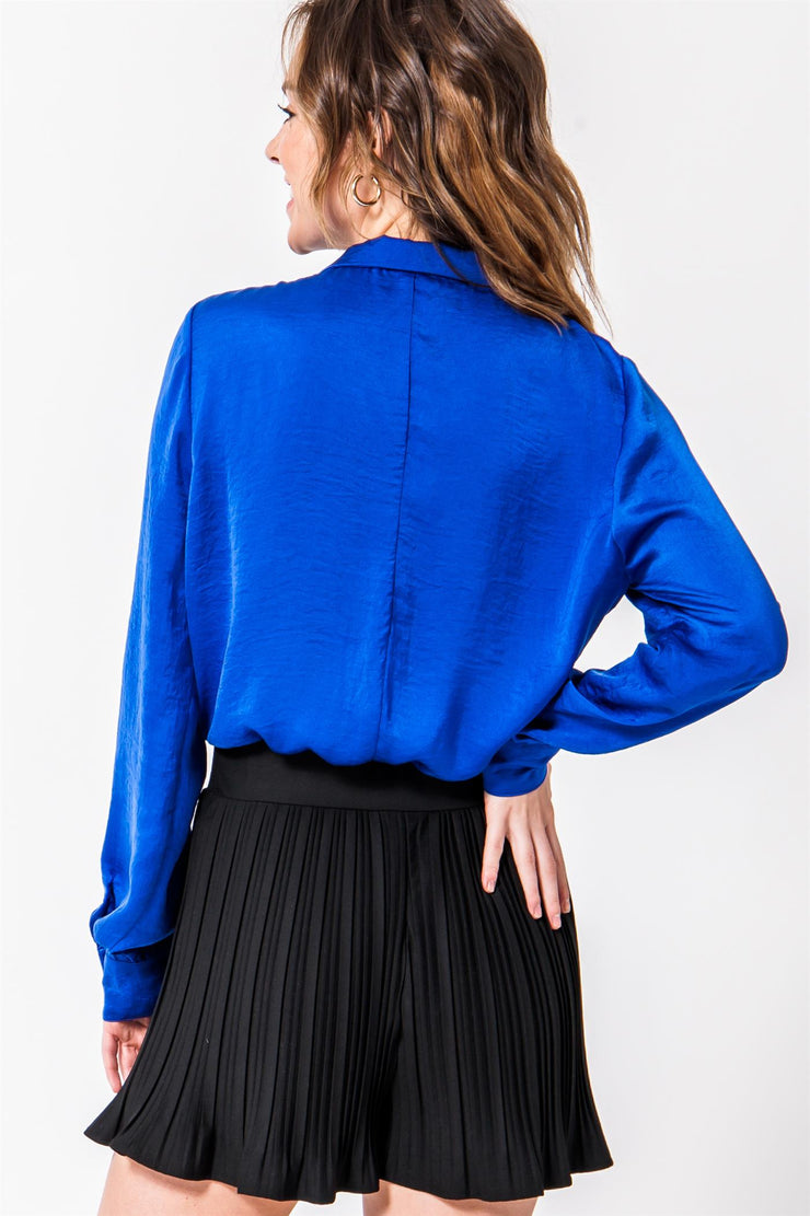 Blue Blouse, Crop, Crop Top, Blouse, Dressy Top, Knotted Top, Long Sleeve Top, Low Cut Top, Satin Top, Satin Blouse, Silk, Party Top, Party Blouse, Dinner Outfit