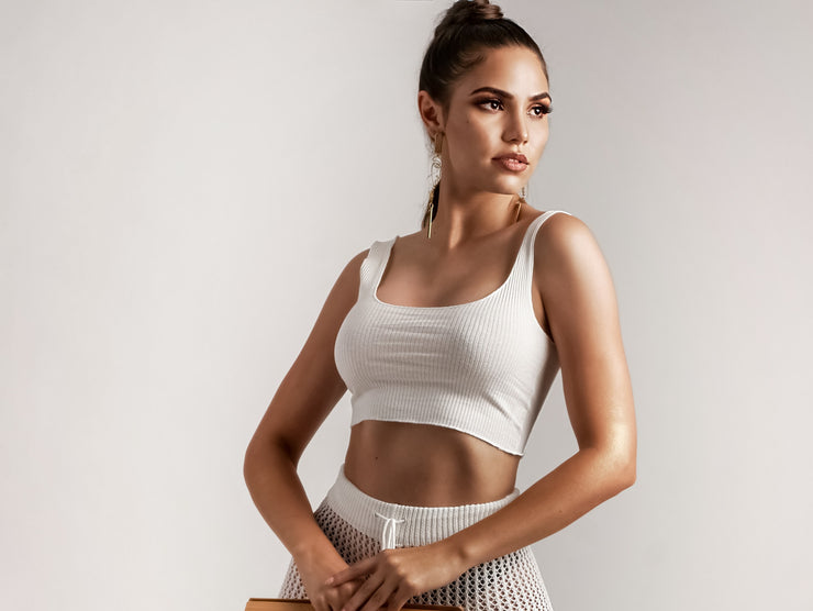 Piped Ribbed Cropped White Tank Top