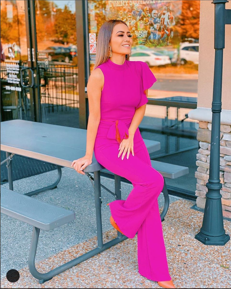 Vintage Style Jumpsuit, Close Neck Jumpsuit, Magenta, Outfit, Costume Outfit, Formal, Summer Outfit, Off Shoulder, Jumpsuit, Ruffles, Fashionable Outfit, Casual Jumpsuit, Club Wear, Party Outfit, Wedding, Dinner Outfit